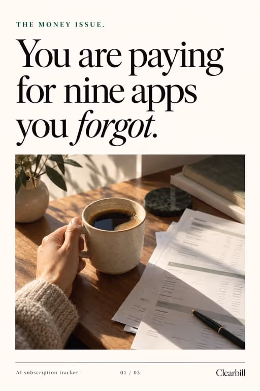 Problem → Solution template example, Clearbill cover slide: “You are paying for nine apps you forgot.”