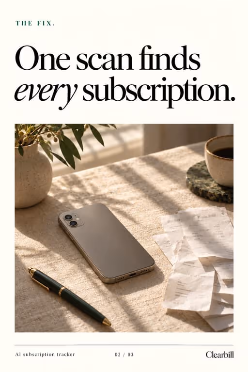 Clearbill slideshow, slide 2 of 3: AI subscription tracker