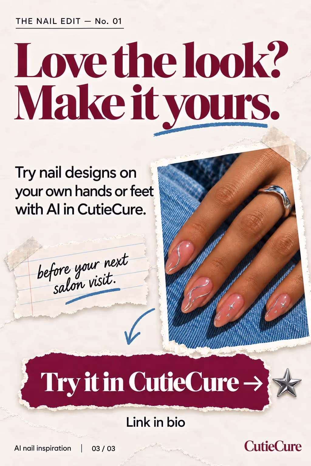 CutieCure example slideshow (AI nail inspiration), slide 3 of 3: “Love the look? Make it yours.” ending on a Try it in CutieCure button