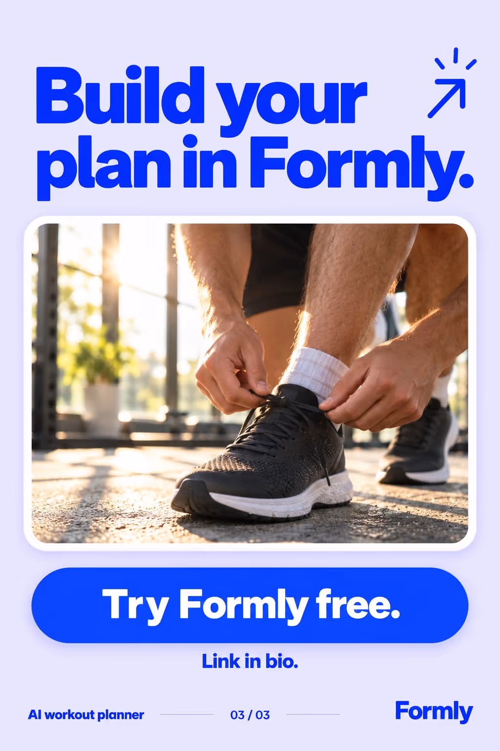 Formly example slideshow (AI workout planner), slide 3 of 3: “Build your plan in Formly.” with a Try Formly free button