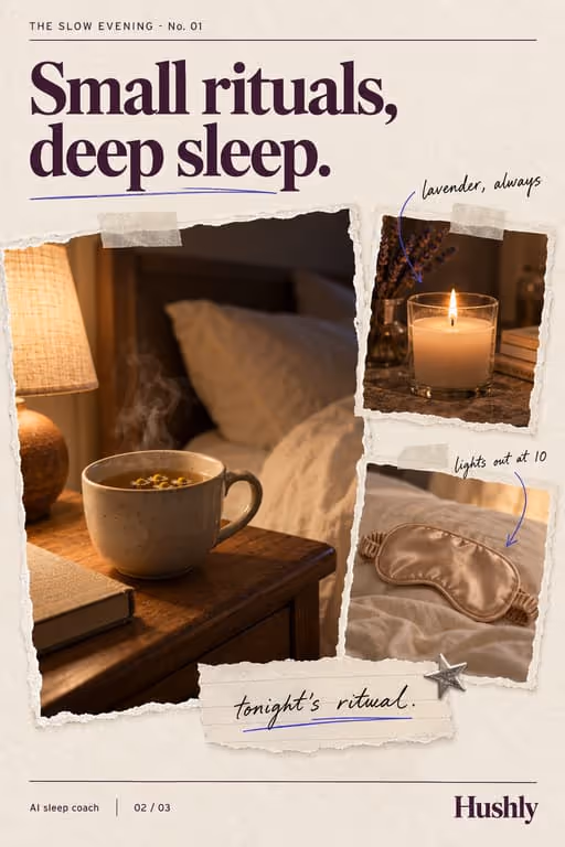 Hushly example slideshow (AI sleep coach), slide 2 of 3: “Small rituals, deep sleep.” with a mug of tea and a candle