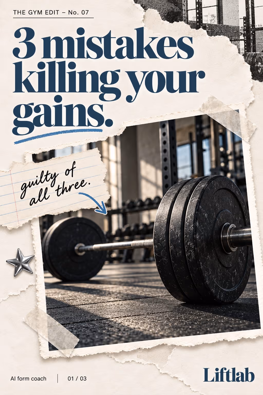 Liftlab example slideshow (AI form coach), slide 1 of 3: Cover: “3 mistakes killing your gains.” over a loaded barbell in a gym