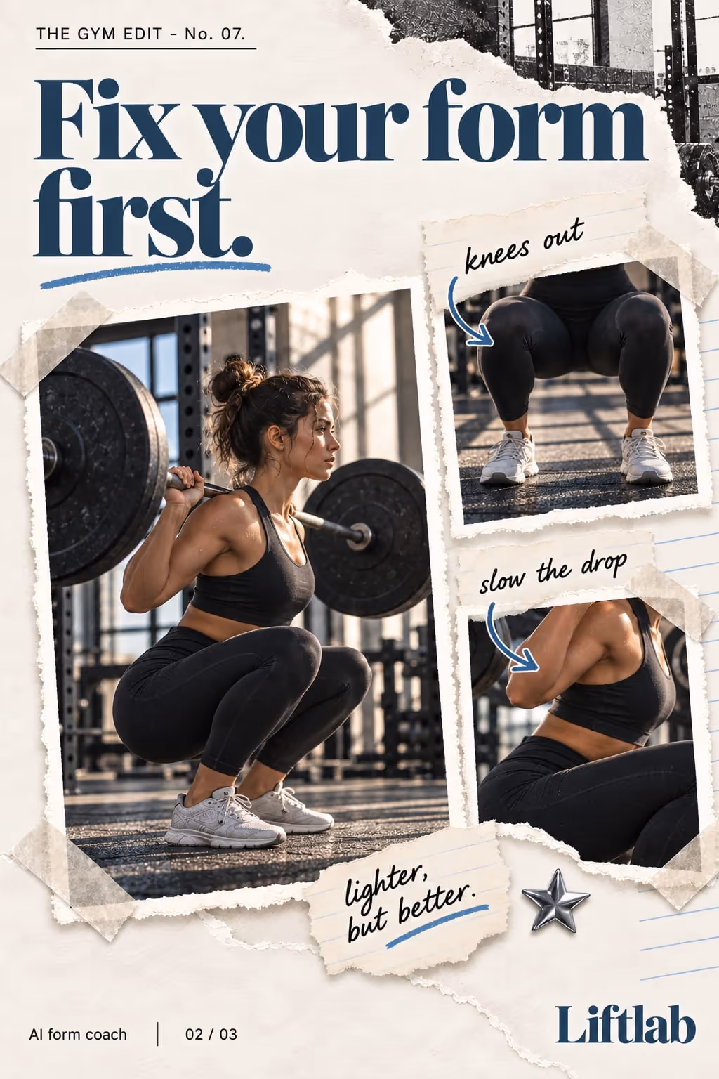 Liftlab example slideshow (AI form coach), slide 2 of 3: “Fix your form first.” with photos of squats and lifts