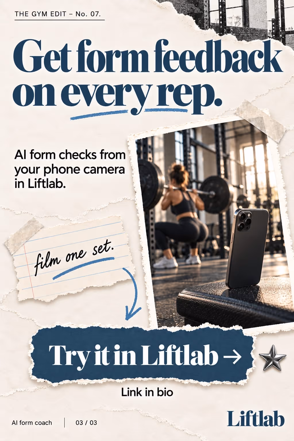 Liftlab example slideshow (AI form coach), slide 3 of 3: “Get form feedback on every rep.” ending on a Try it in Liftlab button