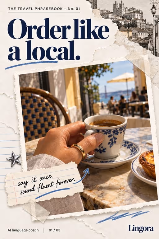 Lingora example slideshow (AI language coach), slide 1 of 3: Cover: “Order like a local.” over a café table with coffee