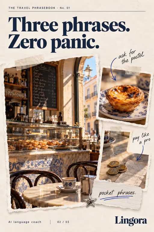 Lingora example slideshow (AI language coach), slide 2 of 3: “Three phrases. Zero panic.” with café snapshots