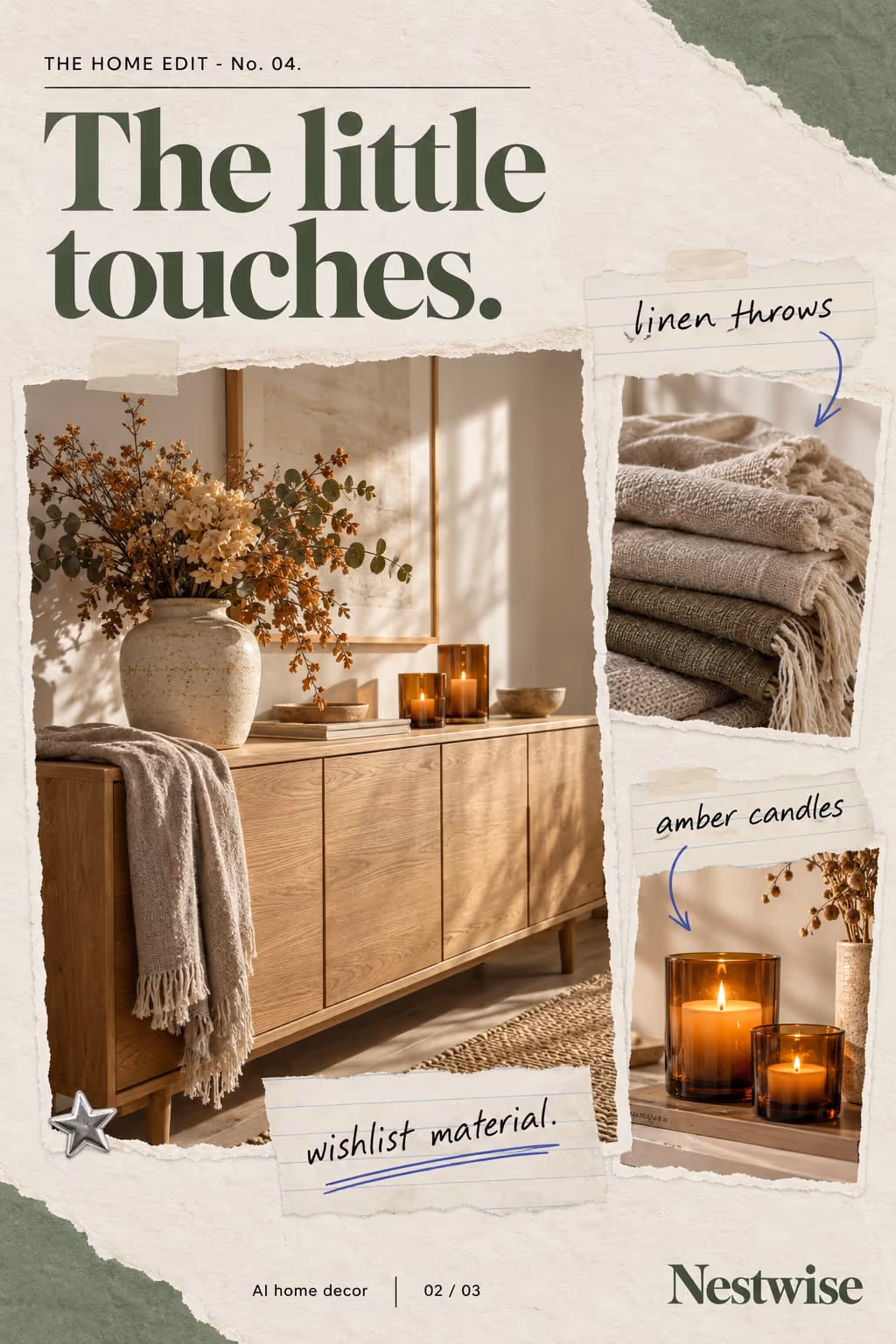 Nestwise example slideshow (AI home decor), slide 2 of 3: “The little touches.” with close-ups of the decor