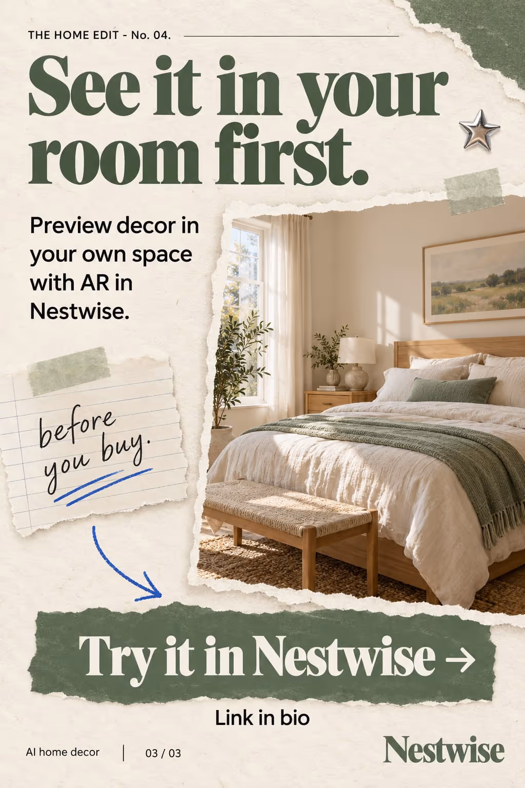 Nestwise example slideshow (AI home decor), slide 3 of 3: “See it in your room first.” ending on a Try it in Nestwise button