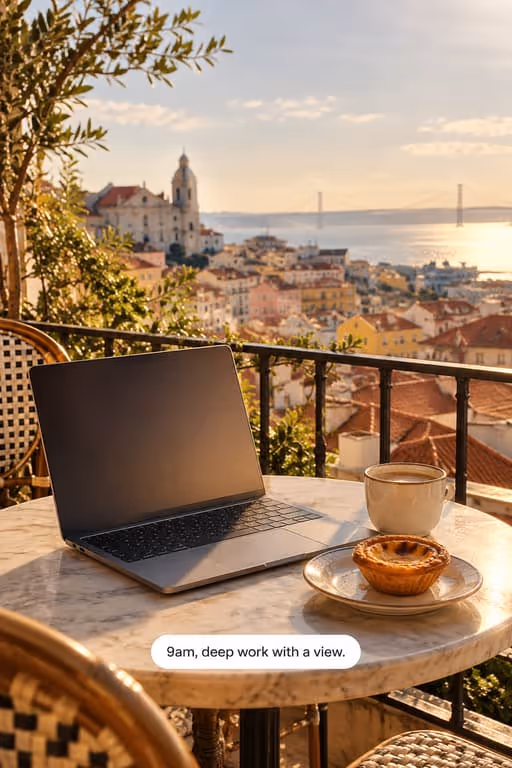 Nomadly example slideshow (AI remote work guide), slide 2 of 3: A laptop and a pastry on a balcony table above the city