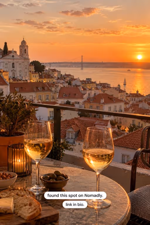 Nomadly example slideshow (AI remote work guide), slide 3 of 3: Sunset over Lisbon rooftops with two glasses of wine
