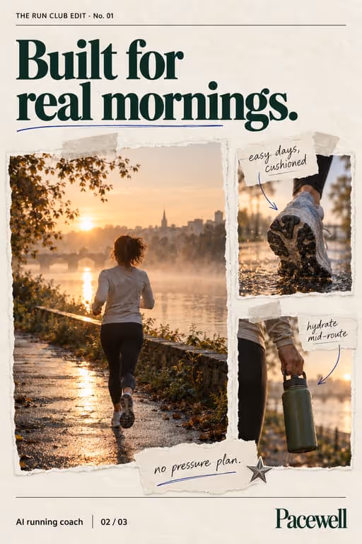 Pacewell example slideshow (AI running coach), slide 2 of 3: “Built for real mornings.” with a riverside run at sunrise