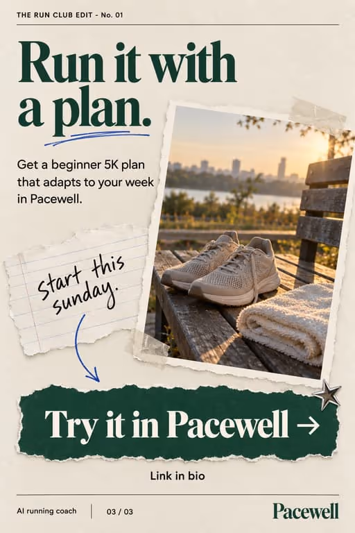 Pacewell example slideshow (AI running coach), slide 3 of 3: “Run it with a plan.” ending on a Try it in Pacewell button