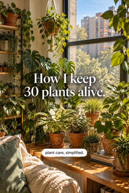 Plantly example slideshow (AI plant care), slide 1 of 3: Cover: “How I keep 30 plants alive.” in a room full of houseplants