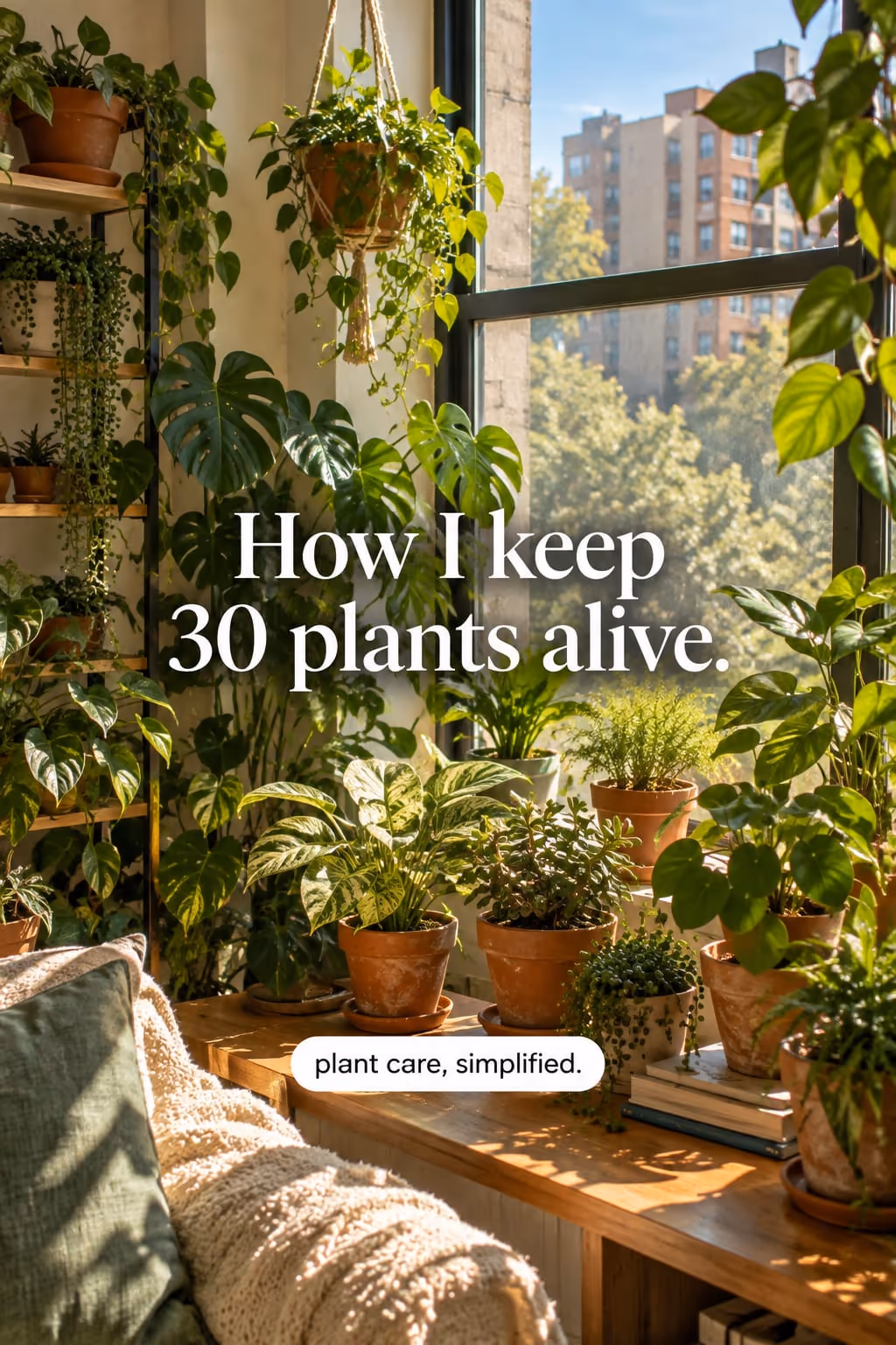Plantly example slideshow (AI plant care), slide 1 of 3: Cover: “How I keep 30 plants alive.” in a room full of houseplants