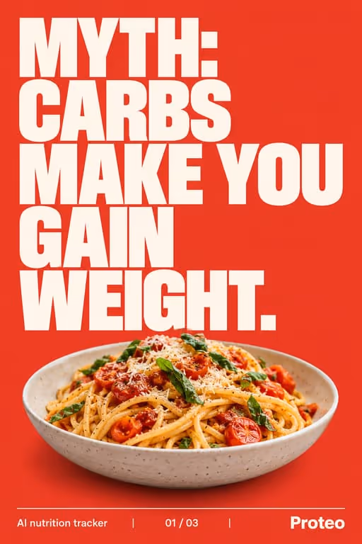 Proteo example slideshow (AI nutrition tracker), slide 1 of 3: Cover: “Myth: carbs make you gain weight.” over a bowl of pasta