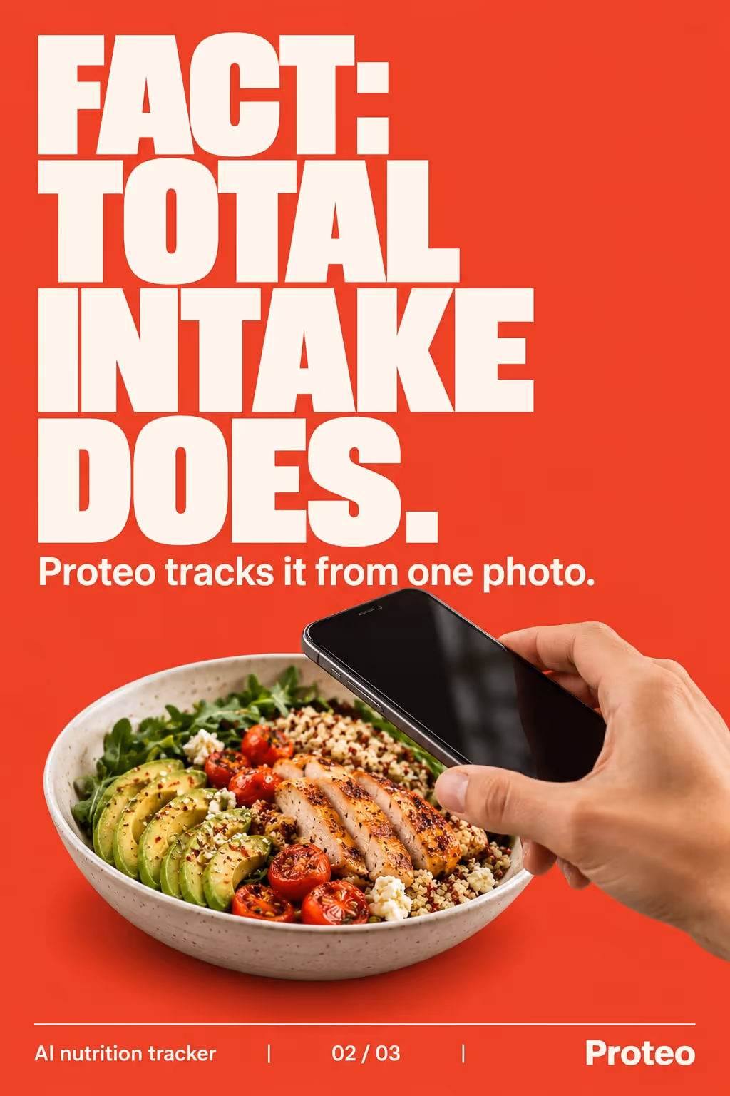 Proteo example slideshow (AI nutrition tracker), slide 2 of 3: “Fact: total intake does.” with a phone photographing a meal