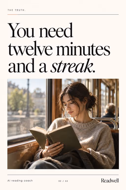 Readwell example slideshow (AI reading coach), slide 2 of 3: “You need twelve minutes and a streak.” with a woman reading