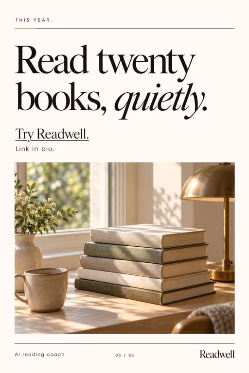 Readwell example slideshow (AI reading coach), slide 3 of 3: “Read twenty books, quietly.” with a Try Readwell line