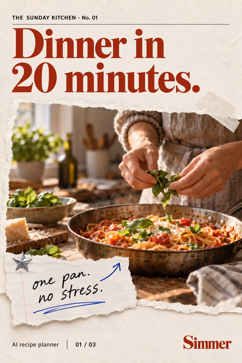 Simmer example slideshow (AI recipe planner), slide 1 of 3: Cover: “Dinner in 20 minutes.” over a pan of pasta on the stove