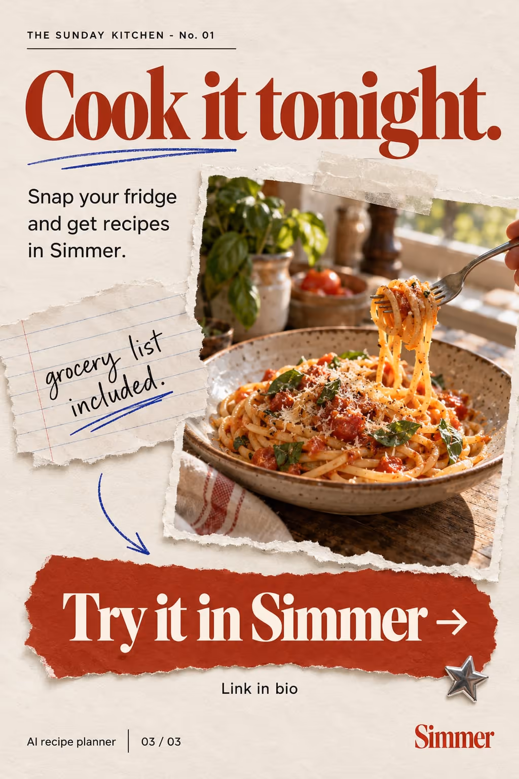 Simmer example slideshow (AI recipe planner), slide 3 of 3: “Cook it tonight.” ending on a Try it in Simmer button