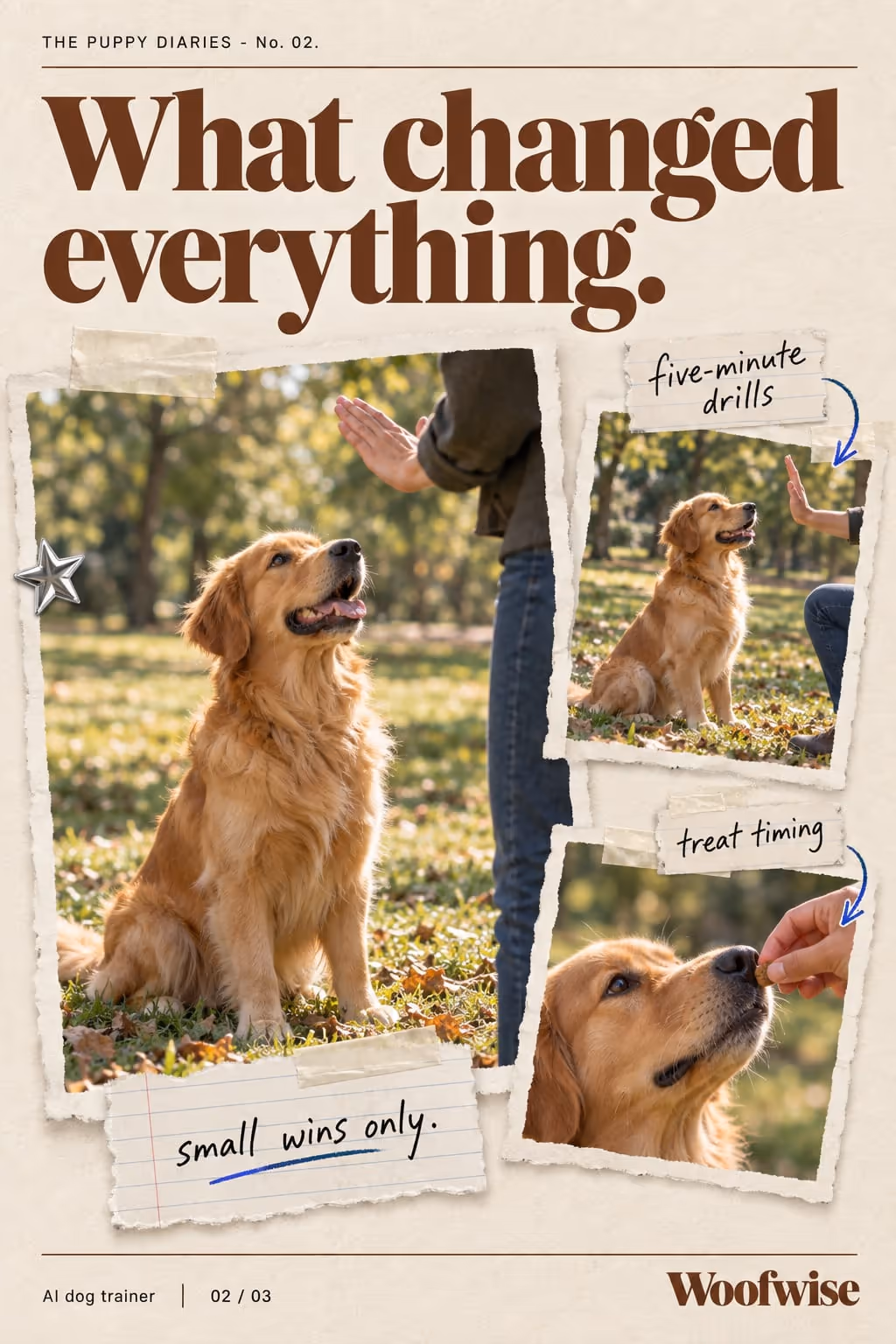 Woofwise example slideshow (AI dog trainer), slide 2 of 3: “What changed everything.” with dog training snapshots