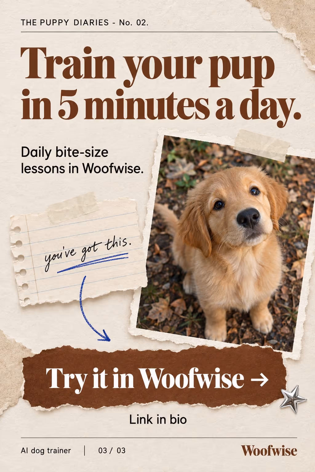 Woofwise example slideshow (AI dog trainer), slide 3 of 3: “Train your pup in 5 minutes a day.” ending on a Try it in Woofwise button